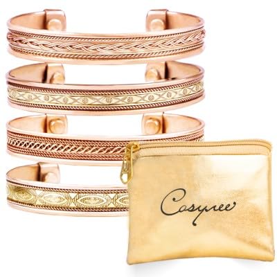 Tibetan Copper Bracelet for Women & Men Ultra Strength Bracelets 99.99% Pure Copper Cuff Bangle with Pouch Adjustable Vintage Collection (Copper) Made with Solid and High Gauge Pure Copper. (Premium Collection: Exclusive Set of Four)