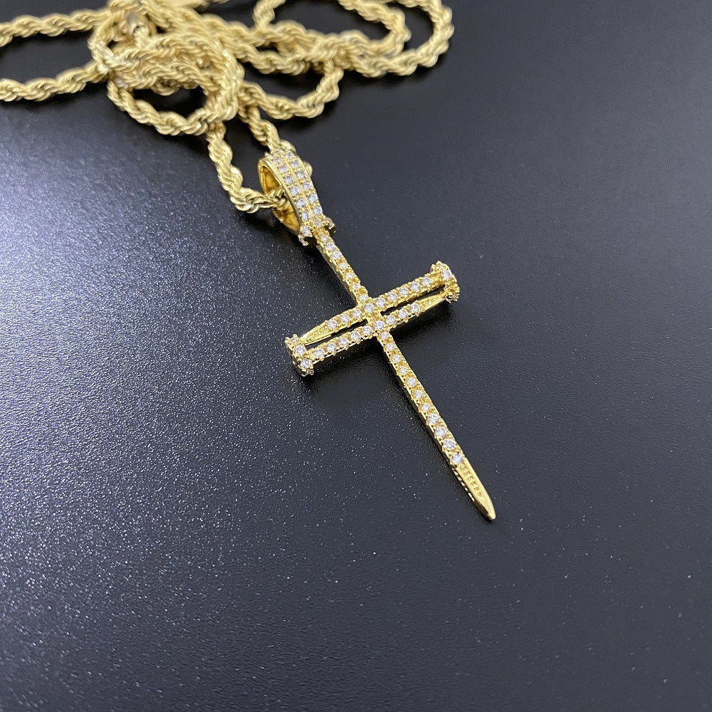 New Copper Zirconia Cross Pendant Hip Hop Necklace