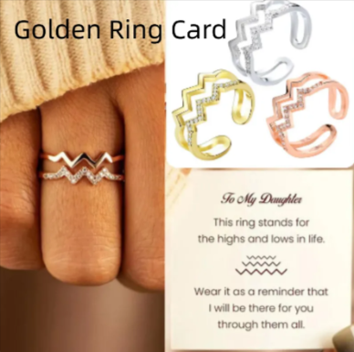 Zig-Zag Gold color ring single diamond accents with a sentimental card message