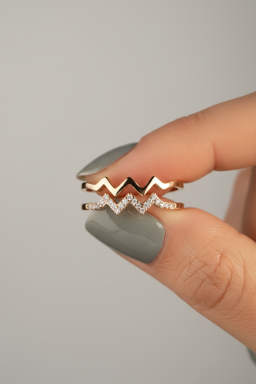 Zig-Zag Copper Ring Gold Plated with  single diamond accents