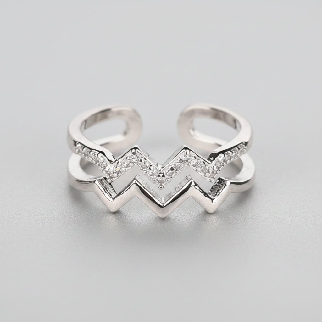 Zig-Zag Copper Ring Silver Plated with single diamond accents