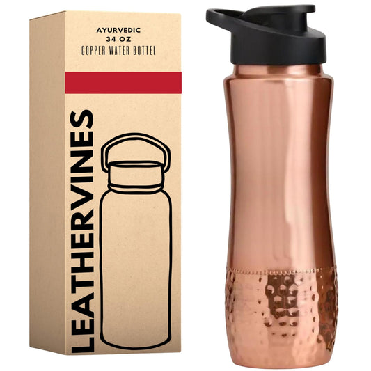 Pure Copper Water Drinking Bottle with Sipper - Copper Hammered Ayurvedic Vessel For Drinking - Drink More Water Reduce Sugar Intake - Ayurveda Health Benefits - 34 Oz