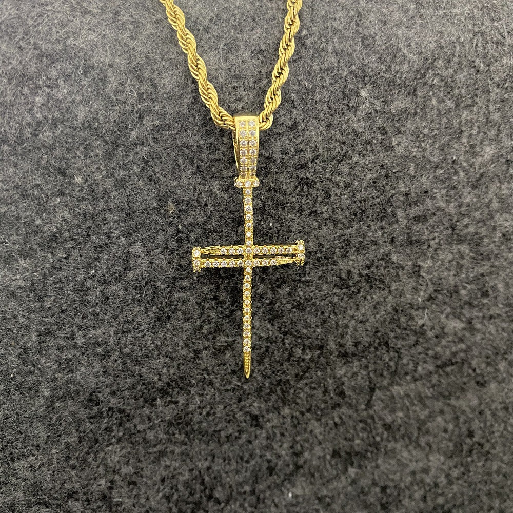 New Copper Zirconia Cross Pendant Hip Hop Necklace