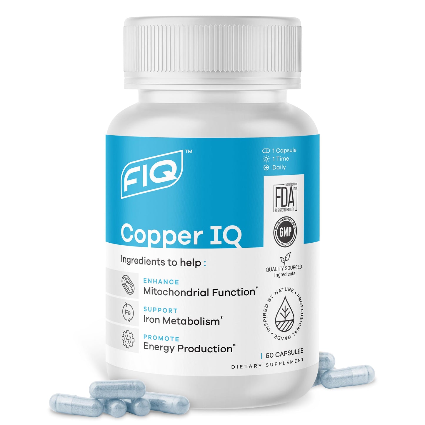 FIQ - Copper IQ - Copper Supplements with Copper Bisglycinate - Energy Support & Mitochondrial Support - Chelated Copper High Absorption - 60 Capsules